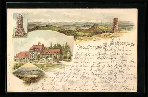 Lithographie Feldberg /Schwarzwald, Hotel & Pension Feldberger-Hof mit Panoramablick