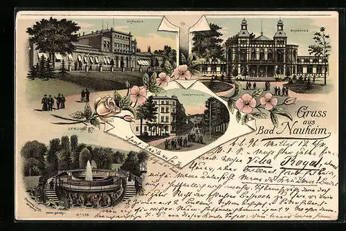Lithographie Bad Nauheim, Kurhaus, Badehaus, Parkstrasse, Sprudel