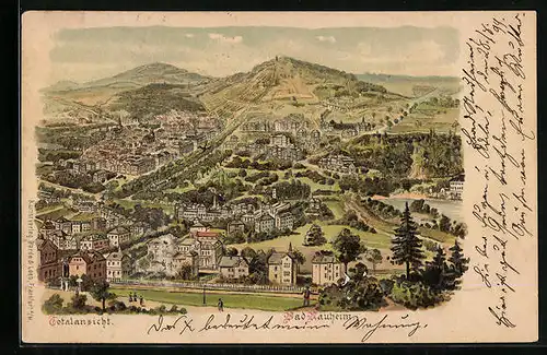 Lithographie Bad Nauheim, Totalansicht der Ortschaft