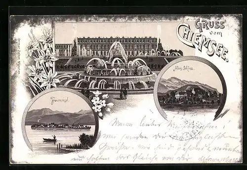 Vorläufer-Lithographie Chiemsee, 1895, Fraueninsel, Altes Schloss, Brunnen