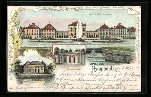 Lithographie Nymphenburg-München, Schloss Nymphenburg, Badenburg, Amalienburg