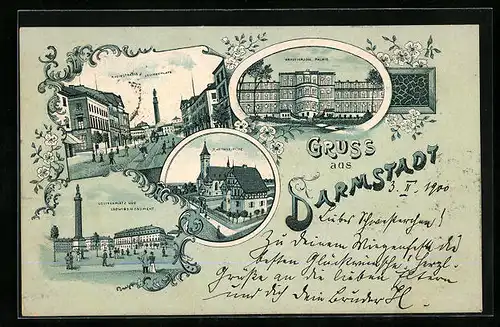 Lithographie Darmstadt, Rheinstrasse und Louisenplatz, Grossherzogl. Palais, Martinskirche