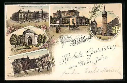 Lithographie Darmstadt, Weisser Thurm, Kathol. Kirche, Alexanderpalais