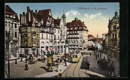 AK Offenbach a. M., Marktplatz mit Strassenbahn und Litfassäule