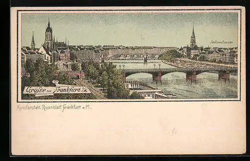 Lithographie Frankfurt a. M., Teilansicht mit Mainbrücken und Blick nach Sachsenhausen