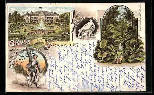 Lithographie Frankfurt-Westend, Restaurant Gesellschaftshaus im Palmengarten, Ariadne auf dem Panther, Rasender Radler