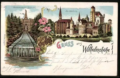 Lithographie Wilhelmshöhe bei Kassel, Herkulessäule und Caskaden, Die Löwenburg
