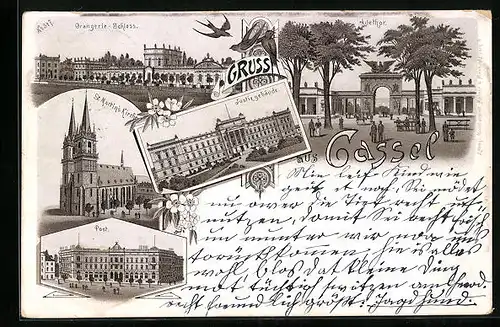 Lithographie Cassel, Orangerie-Schloss, Auethor, St. Martins-Kirche, Justizgebäude, Post