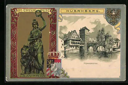 Passepartout-Lithographie Nürnberg, Partie am Henkersteg, Bavaria mit dem bayr. Löwen, Wappen