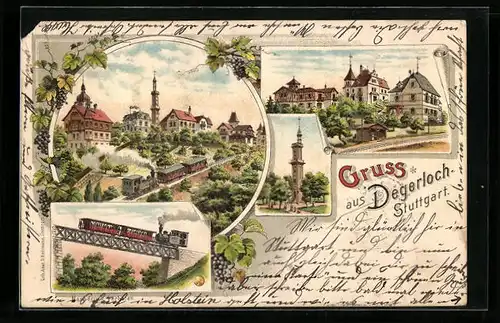 Lithographie Stuttgart-Degerloch, Brücke mit Eisenbahn, Turm, Ortspartie