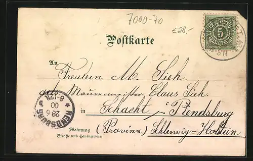 Lithographie Stuttgart-Degerloch, Brücke mit Eisenbahn, Turm, Ortspartie