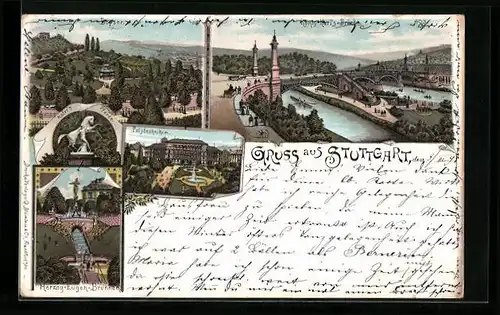 Lithographie Stuttgart, Polytechnikum, Bopser, König-Karls-Brücke, Herzog-Eugen-Brunnen