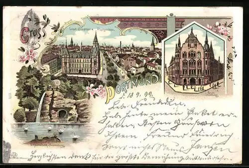 Lithographie Dortmund, Westl. Stadtteil mit Postgebäude, Neues Stadttheater, Kronenburg