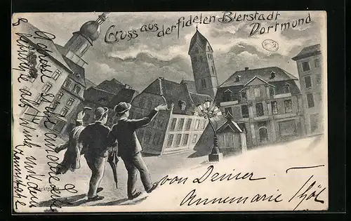 Künstler-AK Dortmund, Betrunkene Herren auf der nächtlichen Strasse, aus der Sicht eines Betrunkenen