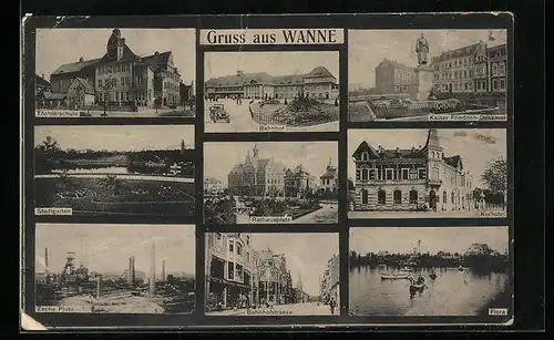 AK Wanne, Bahnhof, Kaiser Friedrich Denkmal, Töchterschule, Stadtgarten, Zeche Pluto, Rathausplatz, Flora