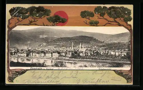 Passepartout-Lithographie Eberbach /Neckar, Totalansicht, Abendsonne mit Bäumen