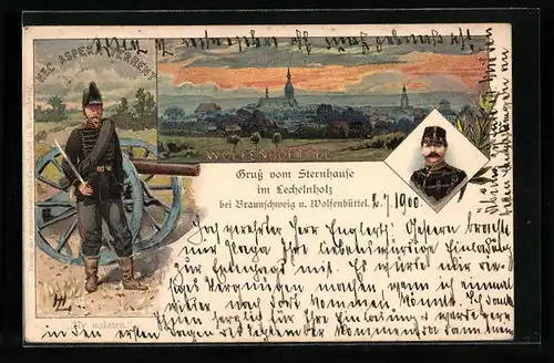 Lithographie Wolfenbüttel, Gesamtansicht, Soldat mit Kanone