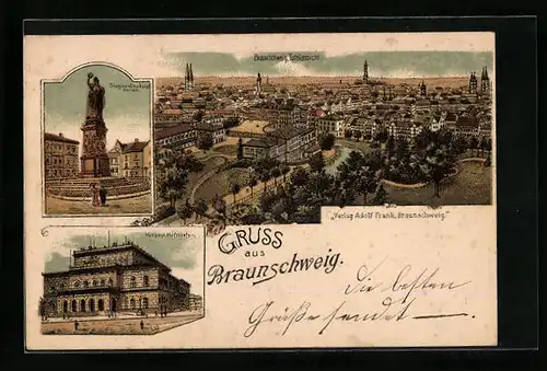 Lithographie Braunschweig, Totalansicht, Sieges-Denkmal, Hoftheater