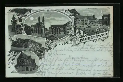 Mondschein-Lithographie Braunschweig, Altstadt-Markt, Dankwarderode, Alte Waage