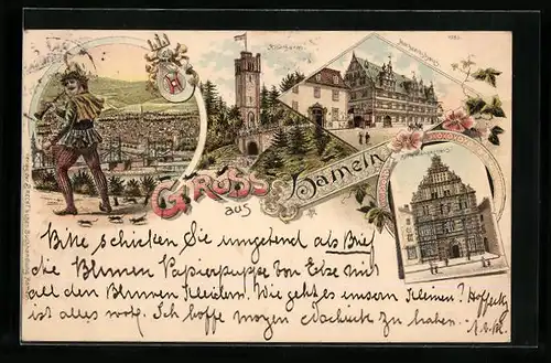 Lithographie Hameln, Ortsansicht mit Rattenfänger, Hochzeitshaus, Wappen