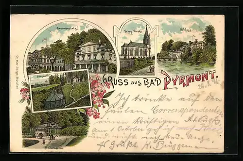 Lithographie Bad Pyrmont, Brunnenplatz, Helenenquelle