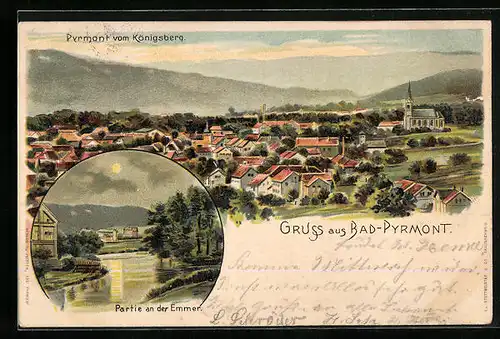 Lithographie Bad Pyrmont, Ortsansicht vom Königsberg, Partie an der Emmer