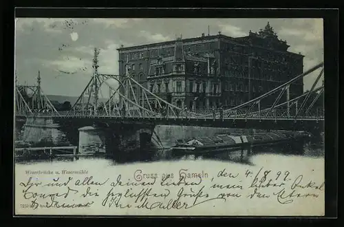 Mondschein-AK Hameln, Weserbrücke und Wesermühle
