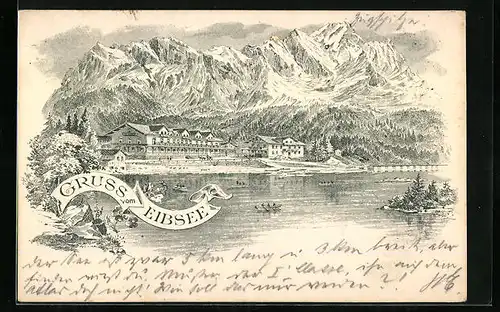 Lithographie Eibsee, See mit Ufergebäuden und Bergpanorama