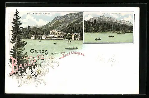 Lithographie Badersee, Hotel & Pension Badersee, See mit Zugspitze
