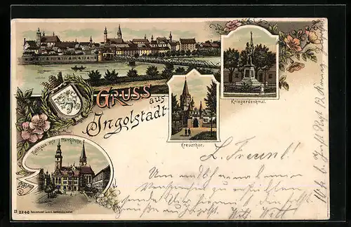 Lithographie Ingolstadt, Teilansicht mit Brücke, Kreuzthor, Wappen