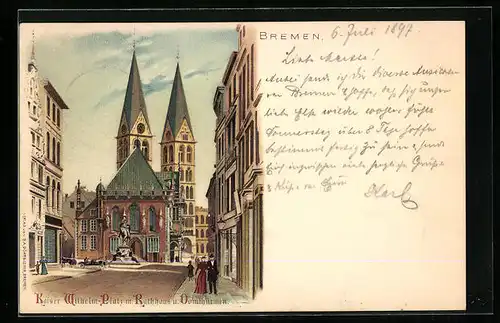 Lithographie Bremen, Kaiser Wilhelm-Platz mit Rathaus und Domtürmen