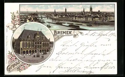Lithographie Bremen, Ortsansicht mit Brücke, Rathaus