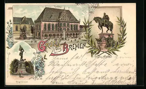 Lithographie Bremen, Rathaus mit Strasse, Kriegerdenkmal
