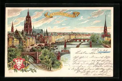 Lithographie Frankfurt a. M., Teilansicht mit Brücken, Wappen