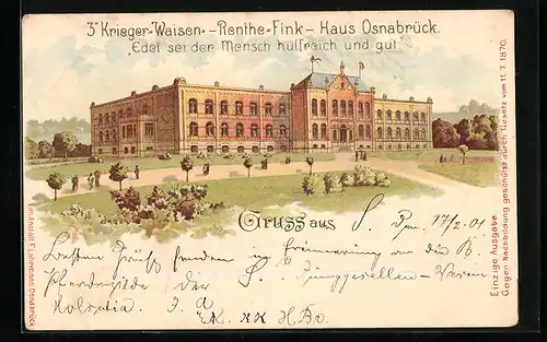 Lithographie Osnabrück, Kriegerwaisen-Haus Renthe-Fink mit Anlagen