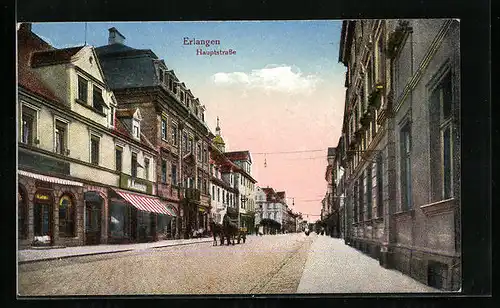 AK Erlangen, Hauptstrasse mit Geschäften und Pferdewagen