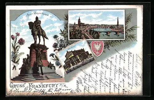Lithographie Frankfurt /Main, Teilansicht, Kaiser Wilhelm Denkmal, Opernhaus