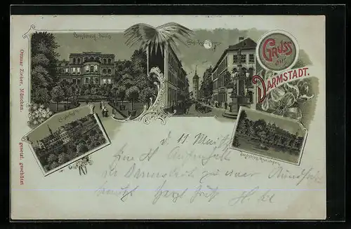 Mondschein-Lithographie Darmstadt, Ernst-Ludwigstrasse, Grossherzogl. Palais