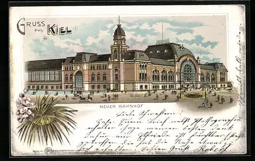 Lithographie Kiel, Passanten vor dem neuen Bahnhof