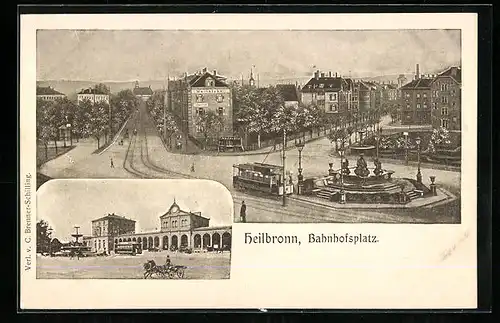 AK Heilbronn, Bahnhofsplatz, Hauptbahnhof und Strassenbahn