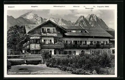 AK Garmisch, Pension Obermühle gegen Zugspitzengruppe