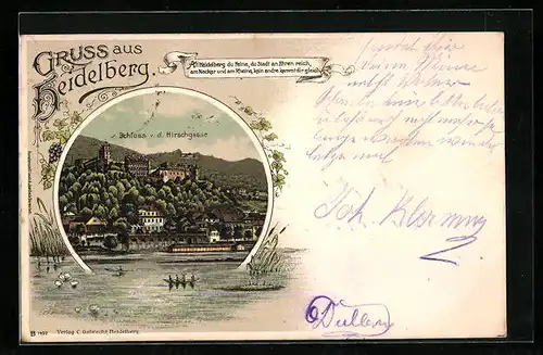 Lithographie Heidelberg, Schloss v. d. Hirschgasse