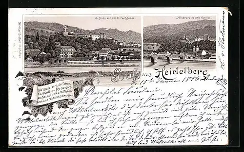 Lithographie Heidelberg, Schloss v. d. Hirschgasse, Neckarbrücke und Schloss