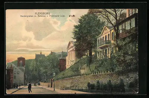AK Flensburg, Nordergraben m. Bellevue und Freimaurer Loge