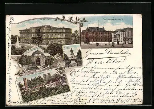 Lithographie Darmstadt, Gasthaus Ludwigshöhe, Post und Alexanderpalais, Kath. Kirche