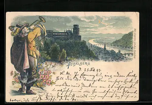 Lithographie Heidelberg, Nächtliches Panorama mit Trompeter, Behüt` Dich Gott!
