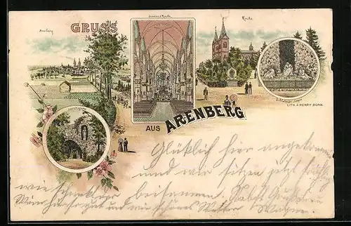 Lithographie Arenberg, Innenansicht der Kirche, Lourdesgrotte