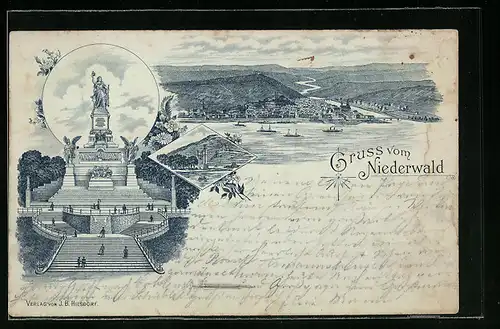 Vorläufer-Lithographie Rüdesheim, 1895, Niederwalddenkmal, Blick über den Rhein auf Bingen