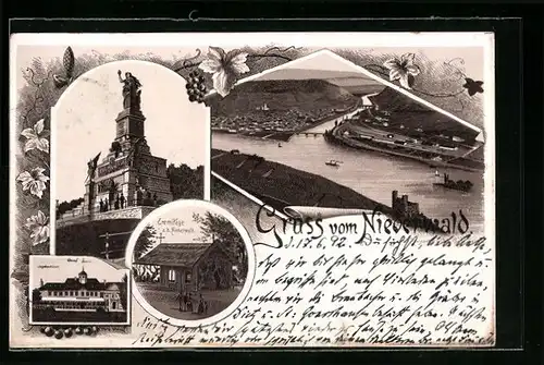 Vorläufer-Lithographie Bingen am Rhein, 1892, Eremitage a. d. Niederwall, Jagdschloss, Niederwalddenkmal