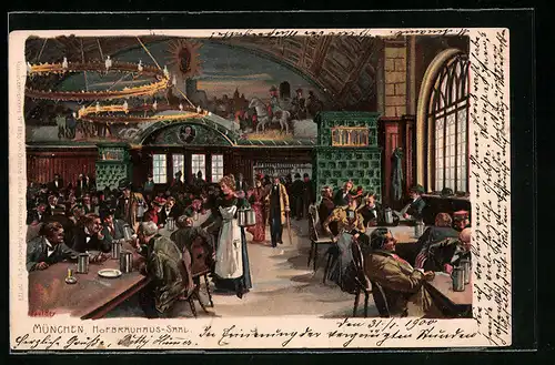 Künstler-Lithographie Paul Hey: München, Gäste im Saal des Hofbräuhauses